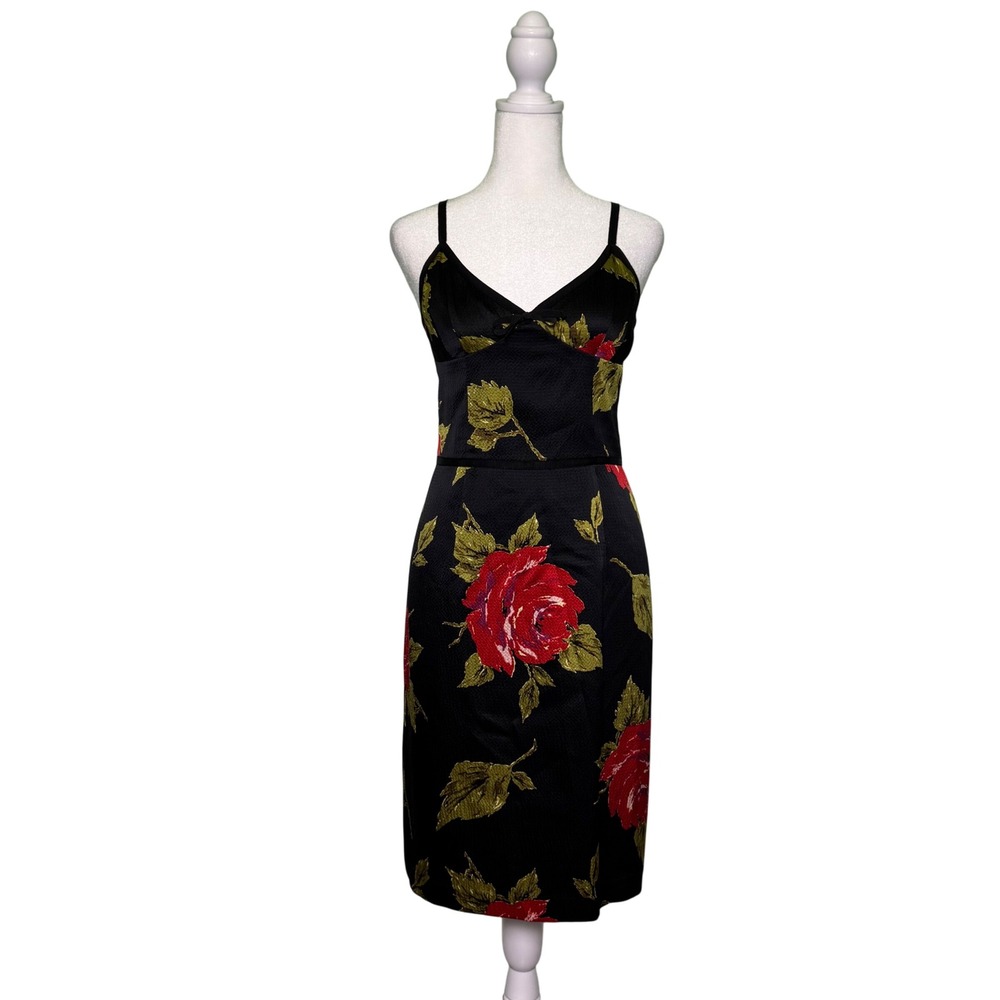 Trina Turk Floral Silk Sheath Dress Women's Size 8 Roses Black